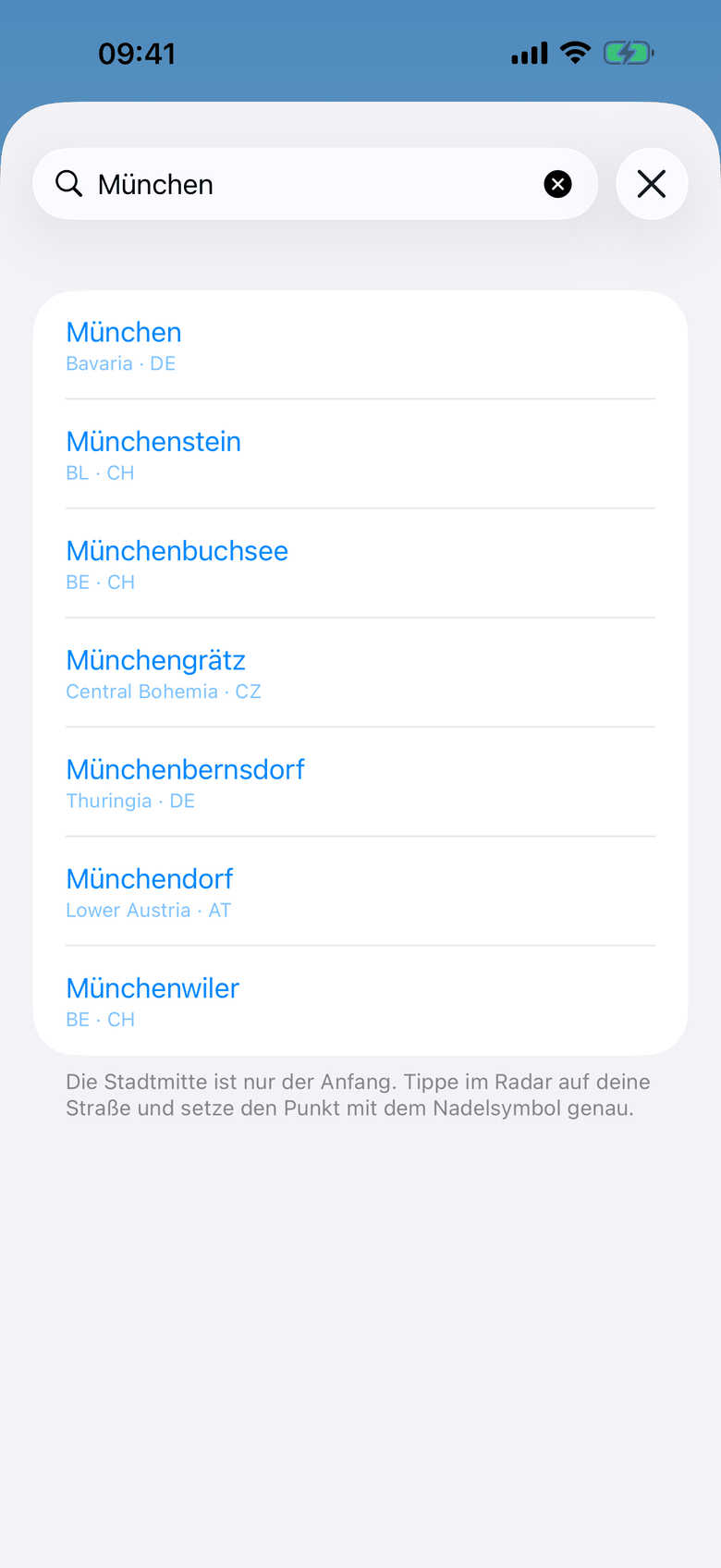 Ortseingabe der App: Suchfeld mit „München